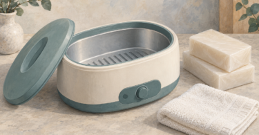 Illustration of an empty generic paraffin bath beside wrapped wax blocks and a folded towel.