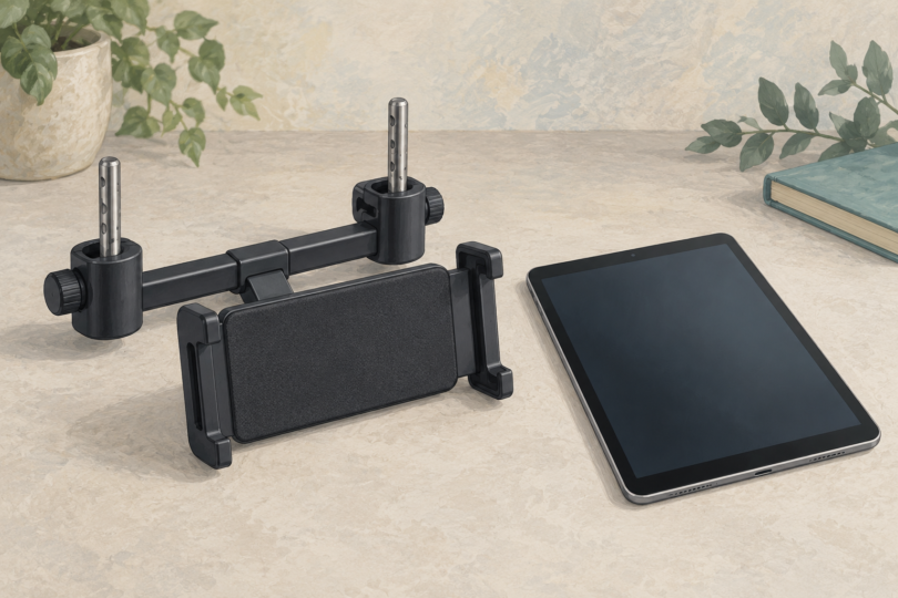 Illustration of a generic tablet holder with headrest-post clamps beside a blank-screen tablet.