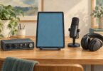 Illustration of a blank-screen tablet beside a separate audio interface, microphone and headphones.