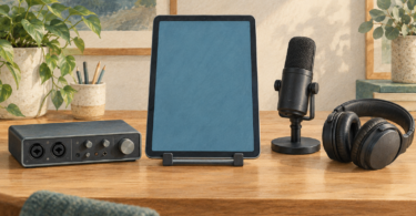 Illustration of a blank-screen tablet beside a separate audio interface, microphone and headphones.