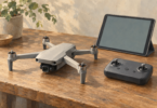 Illustration of a generic quadcopter, separate controller and blank-screen tablet arranged on a table.