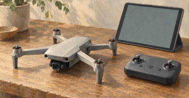 Illustration of a generic quadcopter, separate controller and blank-screen tablet arranged on a table.