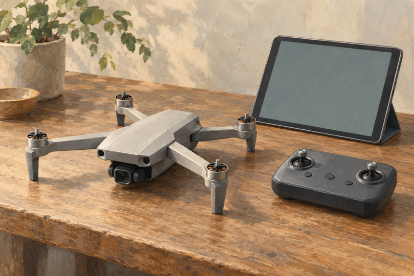 Illustration of a generic quadcopter, separate controller and blank-screen tablet arranged on a table.