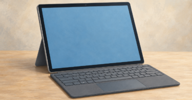 Illustration of a generic tablet on a kickstand with a detachable keyboard and a blank screen.