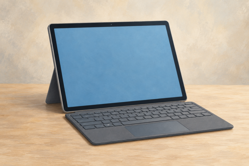 Illustration of a generic tablet on a kickstand with a detachable keyboard and a blank screen.