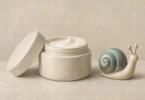 Illustration of an unbranded moisturizer jar beside a small decorative snail motif.