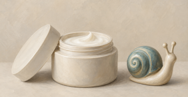 Illustration of an unbranded moisturizer jar beside a small decorative snail motif.