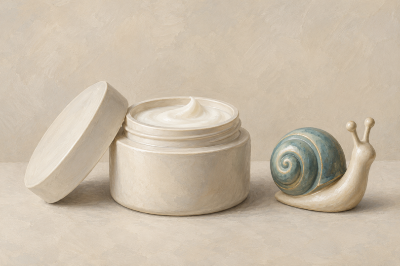 Illustration of an unbranded moisturizer jar beside a small decorative snail motif.