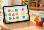 Generic tablet displaying a colorful shape-matching activity beside large wooden blocks and a picture book.