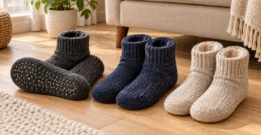 Charcoal, navy and oatmeal slipper socks, with grip dots visible on one sole, on a wooden floor.