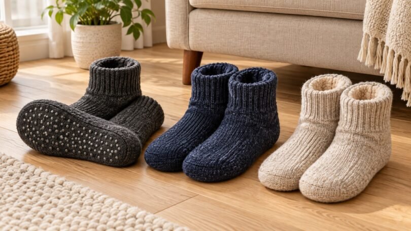 Charcoal, navy and oatmeal slipper socks, with grip dots visible on one sole, on a wooden floor.