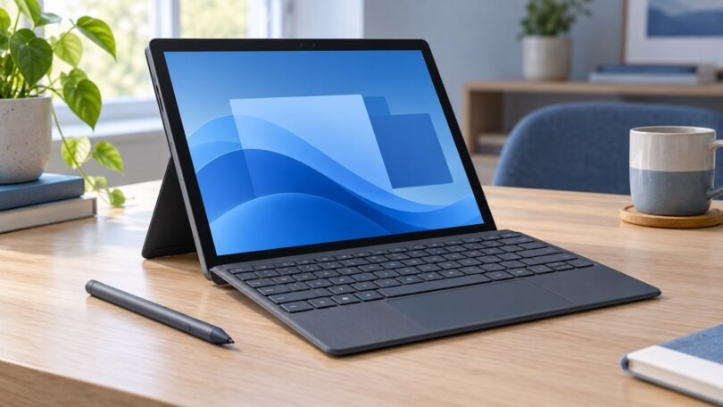 Generic tablet with a detachable keyboard and stylus on a wooden desk.