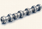 Illustration of a generic engine camshaft with offset lobes resting on a clean workbench.