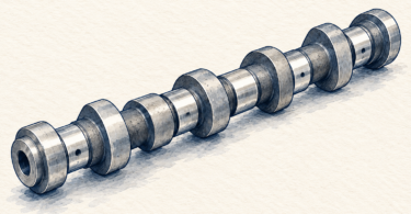 Illustration of a generic engine camshaft with offset lobes resting on a clean workbench.