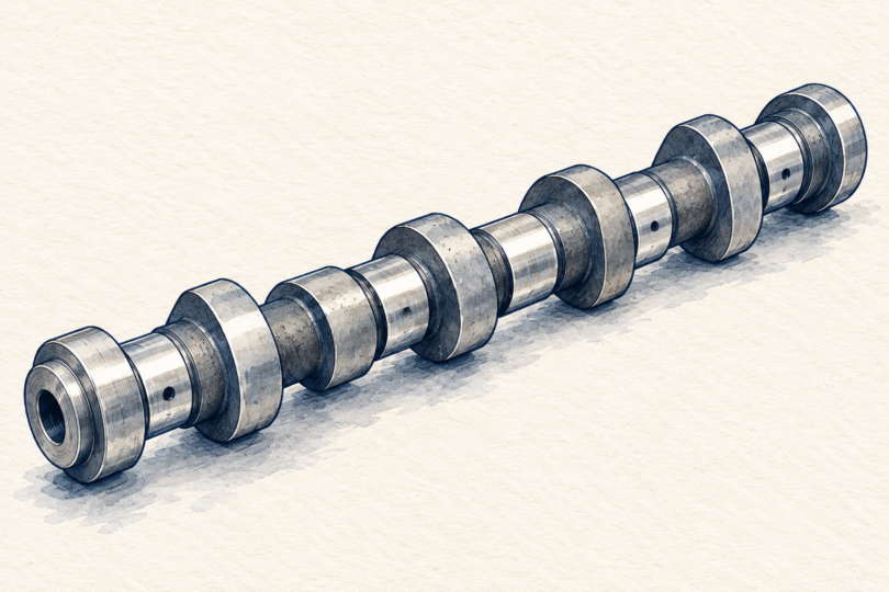 Illustration of a generic engine camshaft with offset lobes resting on a clean workbench.