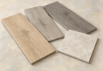 Illustration of wood-look vinyl flooring samples and a square tile arranged on a tabletop.