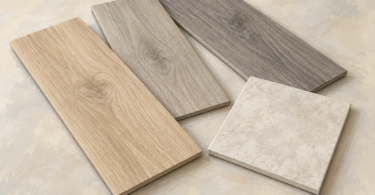 Illustration of wood-look vinyl flooring samples and a square tile arranged on a tabletop.