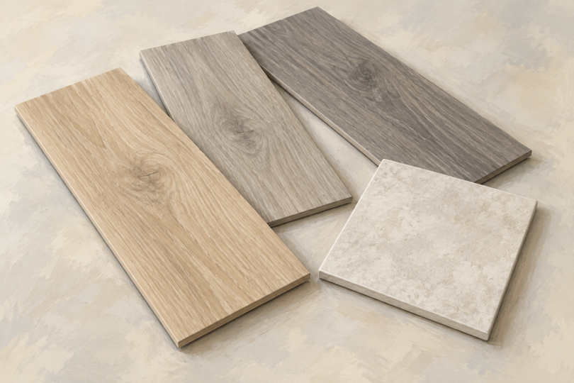 Illustration of wood-look vinyl flooring samples and a square tile arranged on a tabletop.