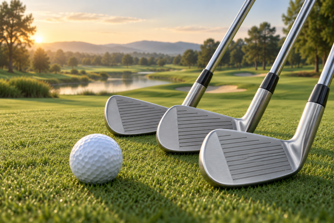 AI-generated illustration of three generic golf irons and a golf ball on grass.