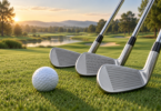 AI-generated illustration of three generic golf irons and a golf ball on grass.