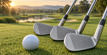 AI-generated illustration of three generic golf irons and a golf ball on grass.