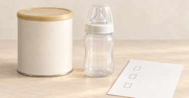Illustration of a closed unbranded container, an empty capped feeding bottle and a blank checklist on a clean surface.