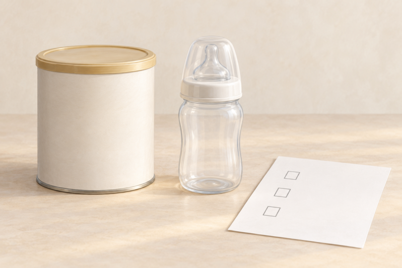 Illustration of a closed unbranded container, an empty capped feeding bottle and a blank checklist on a clean surface.