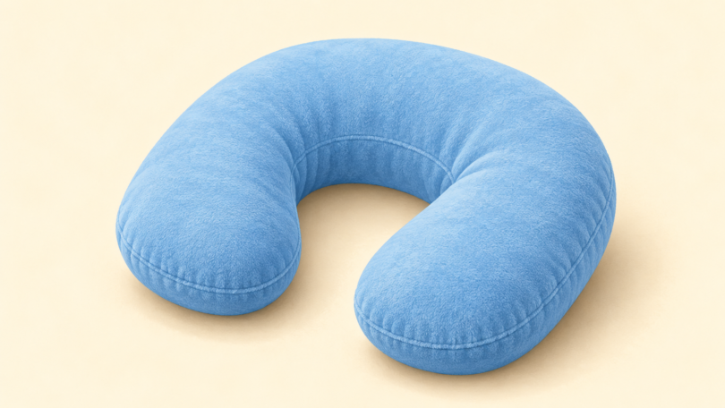 AI-generated editorial illustration of a small blue U-shaped travel pillow on a cream background.