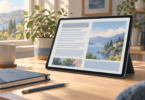AI-generated illustration of a generic large-screen tablet on a desk stand beside a notebook and pencil.