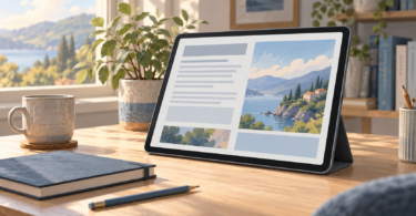AI-generated illustration of a generic large-screen tablet on a desk stand beside a notebook and pencil.
