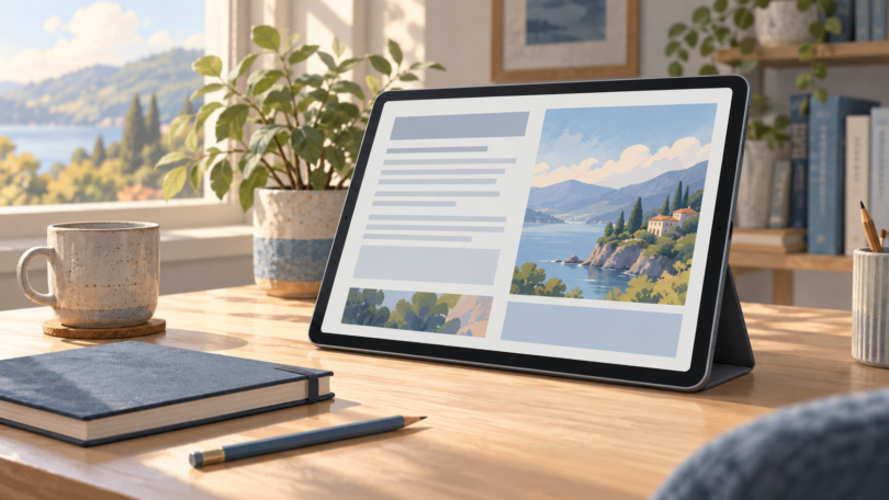 AI-generated illustration of a generic large-screen tablet on a desk stand beside a notebook and pencil.