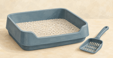 Illustration of a clean litter tray with granules and a separate litter scoop.