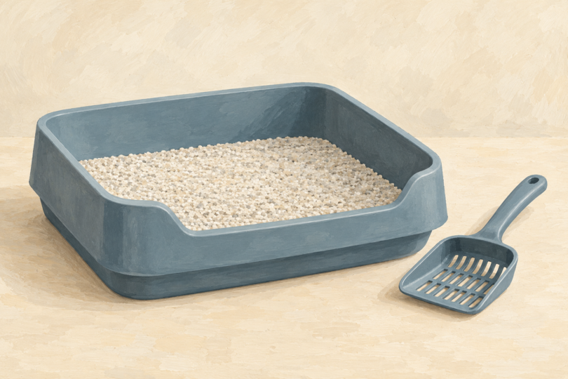 Illustration of a clean litter tray with granules and a separate litter scoop.