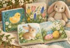 Illustration of Easter board books with a plush bunny