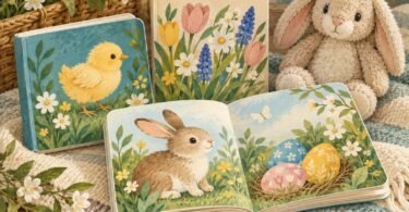 Illustration of Easter board books with a plush bunny