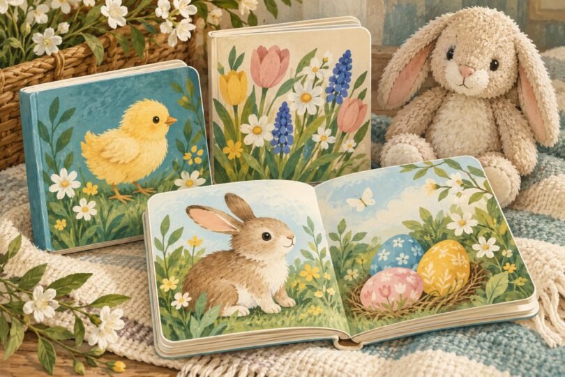 Illustration of Easter board books with a plush bunny