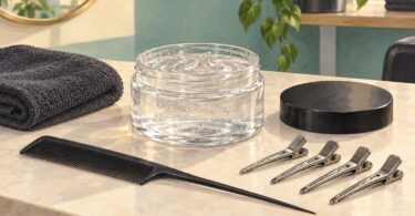 Illustration of styling gel, a tail comb and sectioning clips for loc care