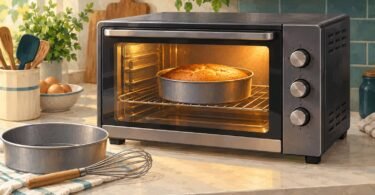 Illustration of a countertop oven baking a round cake