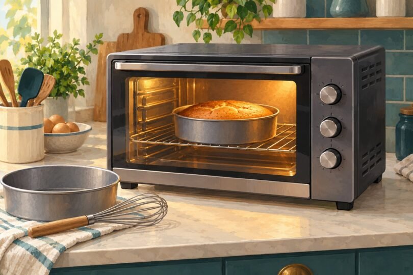 Illustration of a countertop oven baking a round cake