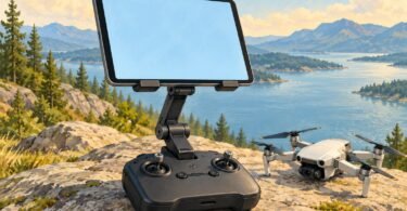 Illustration of a tablet mounted above a drone controller