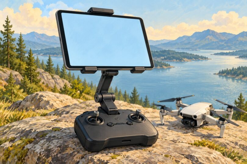 Illustration of a tablet mounted above a drone controller