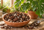 Illustration of chunky potting mix with bark and perlite in a bowl beside a potted Monstera.