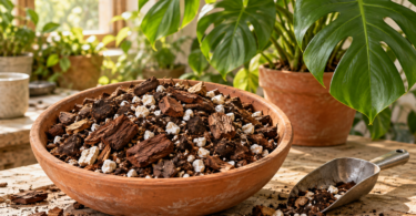 Illustration of chunky potting mix with bark and perlite in a bowl beside a potted Monstera.
