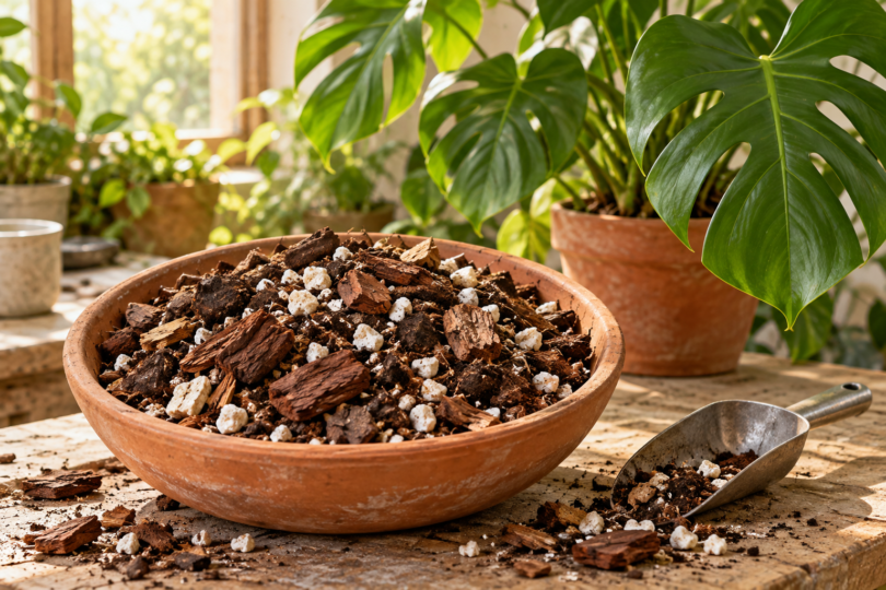 Illustration of chunky potting mix with bark and perlite in a bowl beside a potted Monstera.