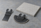 Illustration of detached oscillating-tool blades beside a small uncut cement-board sample.