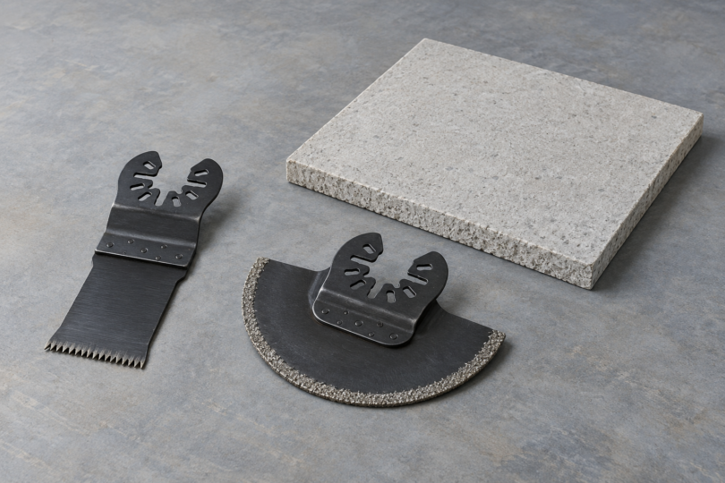 Illustration of detached oscillating-tool blades beside a small uncut cement-board sample.