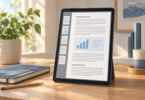 Illustration of a tablet displaying a document with page thumbnails and a chart on a sunlit desk.