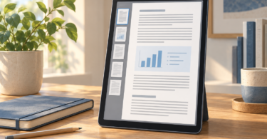 Illustration of a tablet displaying a document with page thumbnails and a chart on a sunlit desk.