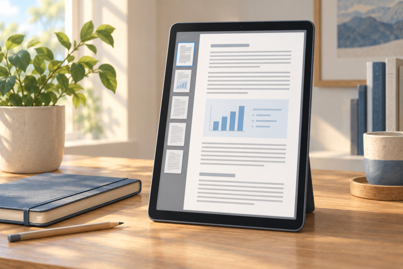 Illustration of a tablet displaying a document with page thumbnails and a chart on a sunlit desk.