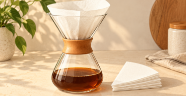 AI-generated editorial illustration of a paper filter in a glass hourglass pour-over brewer beside unused filters.